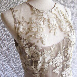 Worth White Gold Lace Dress 6 Metallic Embroidered Party Nude Sheer Look